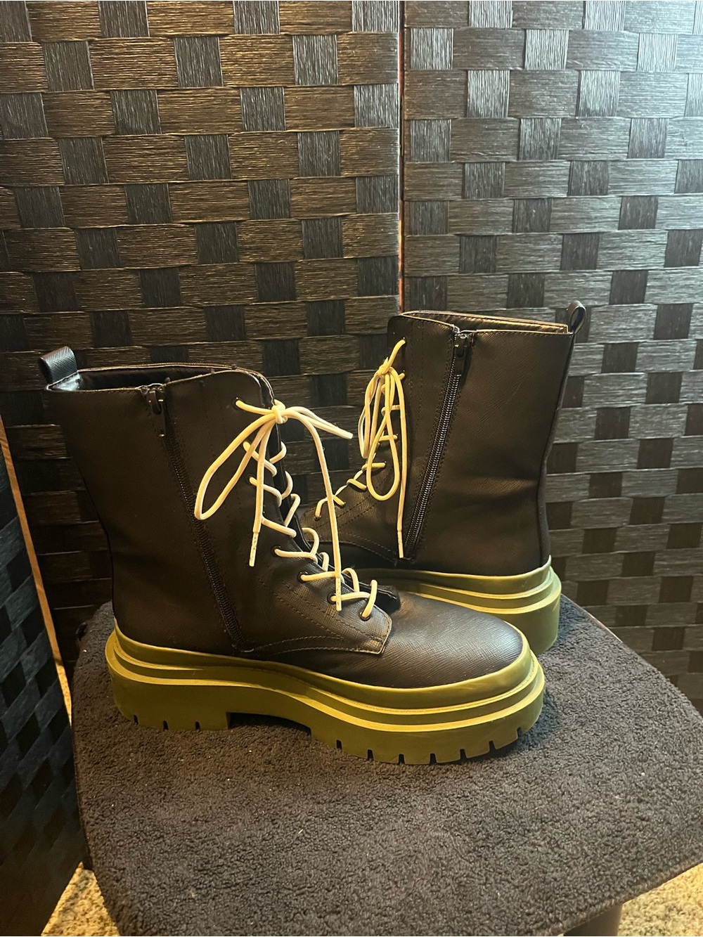 Steve Madden Women's Black Combat Boots with Olive Green Platform Sole